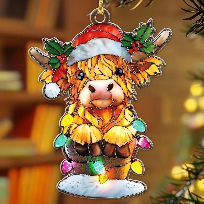 Hangwoous Highland Cow Christmas Ornaments - Stained Glass Effect Highland Cow Decor - Christmas Ornament 2025 - Cow Ornaments For Tree - Farm Animal Decor - Scottish Gifts For Women - Window Hanging Suncatcher - Image 3